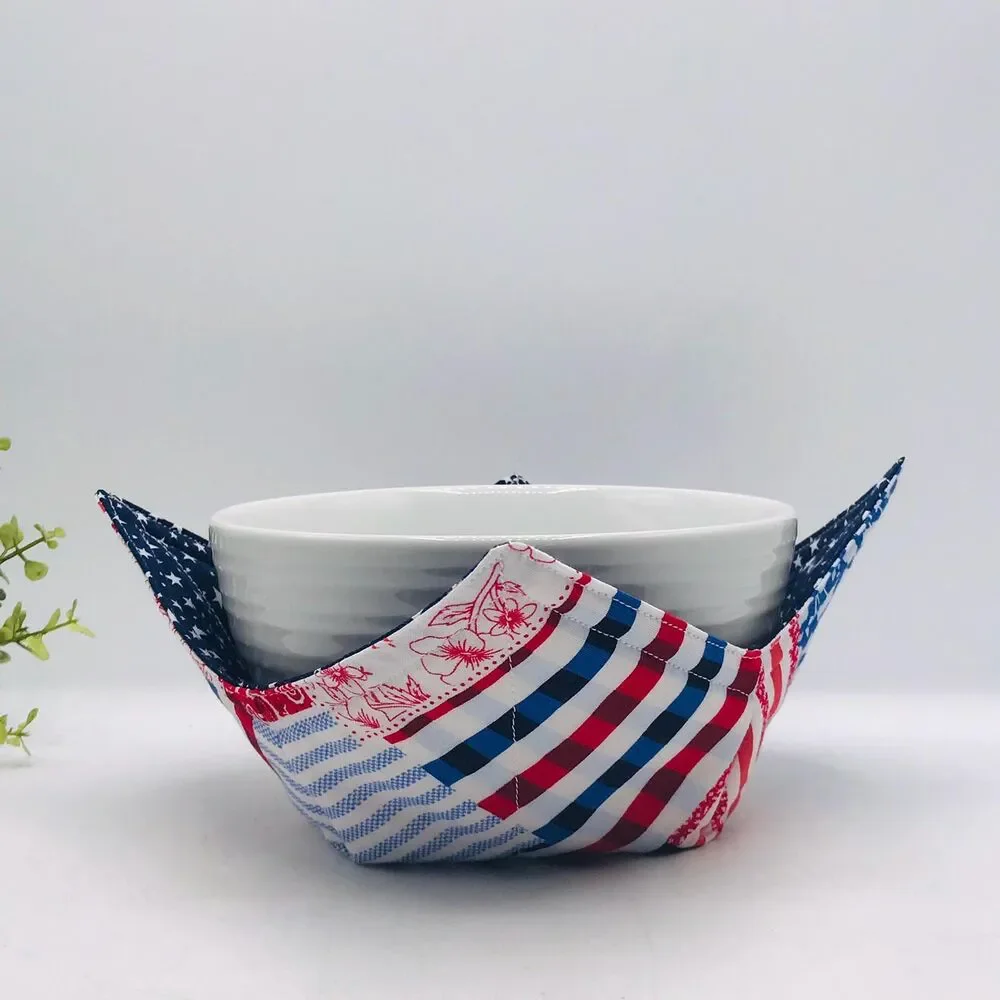 Microwave Soup Bowl Cozy: Reversible, Patriotic Patchwork Red White Blue